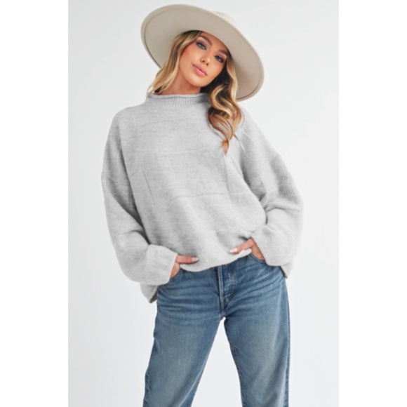 Heather Gray Ryleigh Mock Neck Patchwork Knit Winter Casual Sweater - Picture 4 of 8